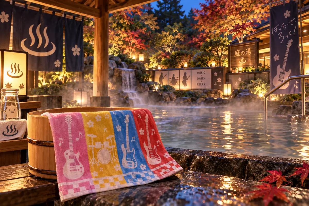 秋の露天風呂に4色の楽器柄手ぬぐいを添えたぼっち・ざ・庭の湯コラボのイメージ