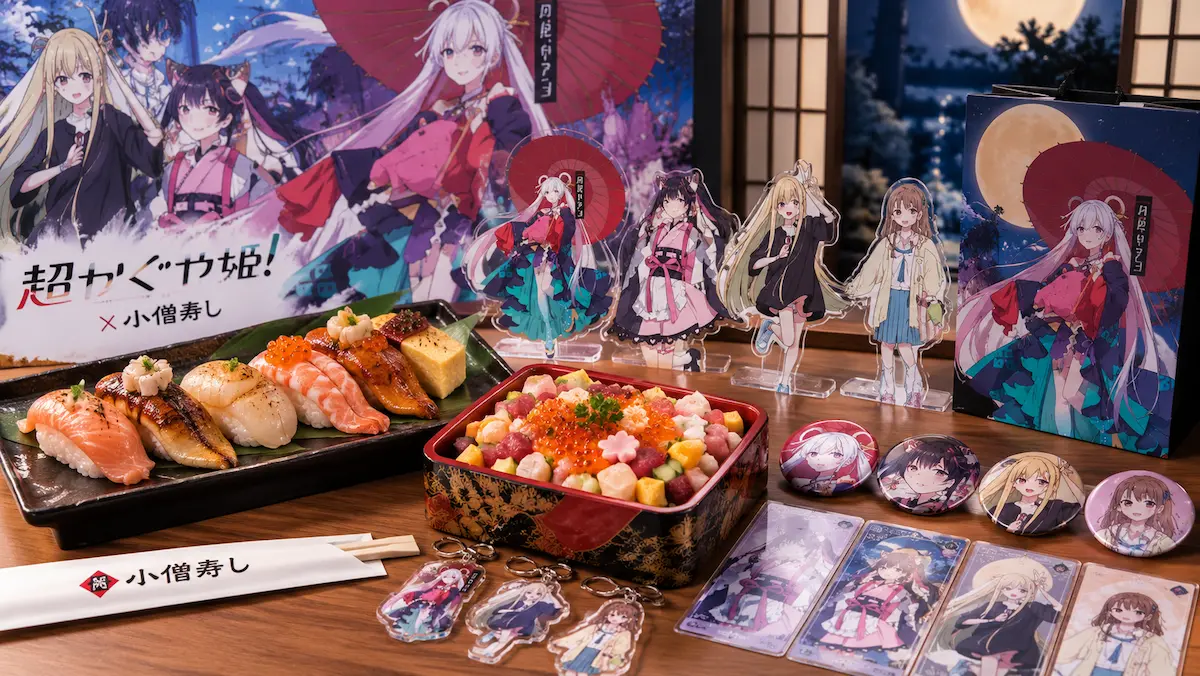 超かぐや姫！をイメージしたキャラクターグッズと寿司、海鮮ちらしが並ぶコラボ風景