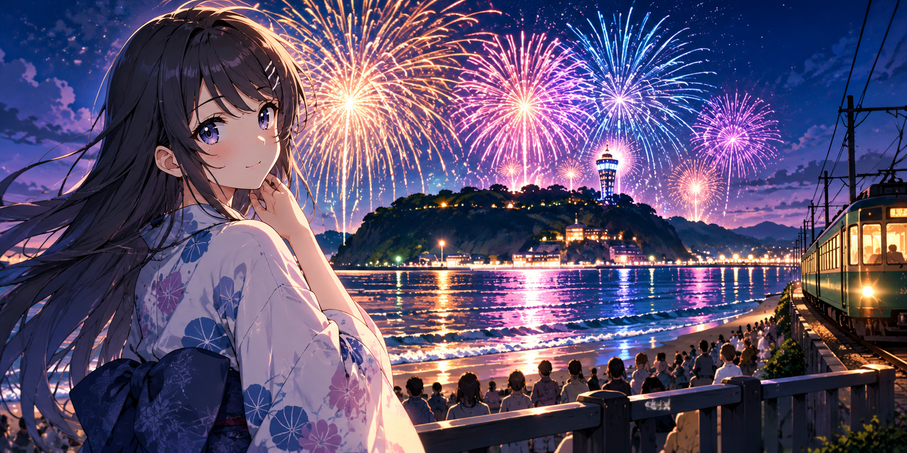 江の島の夜空を彩る花火と江ノ電、浴衣姿の女性を描いた青ブタコラボのイメージ