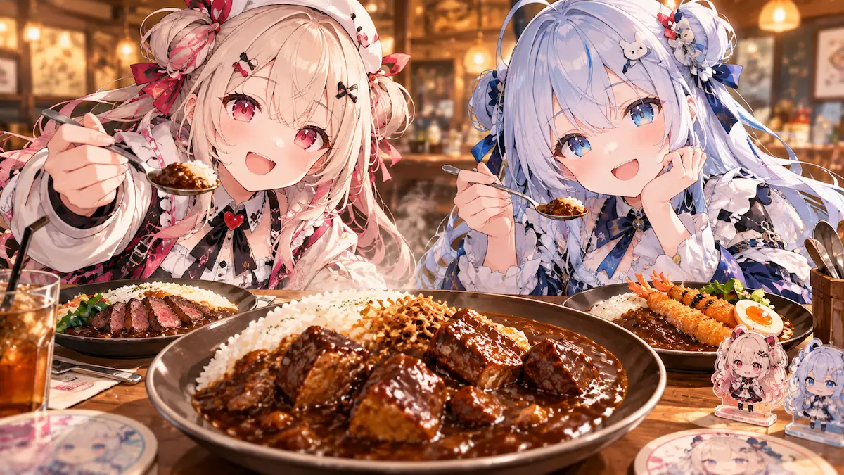 小廻こまと虹深ぬふがカレーを楽しみ、限定ノベルティも並ぶコラボイメージ