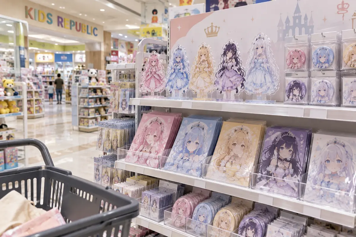 イオンのキッズリパブリック売場に並ぶ、プリンセス風デザインのVTuber限定グッズ