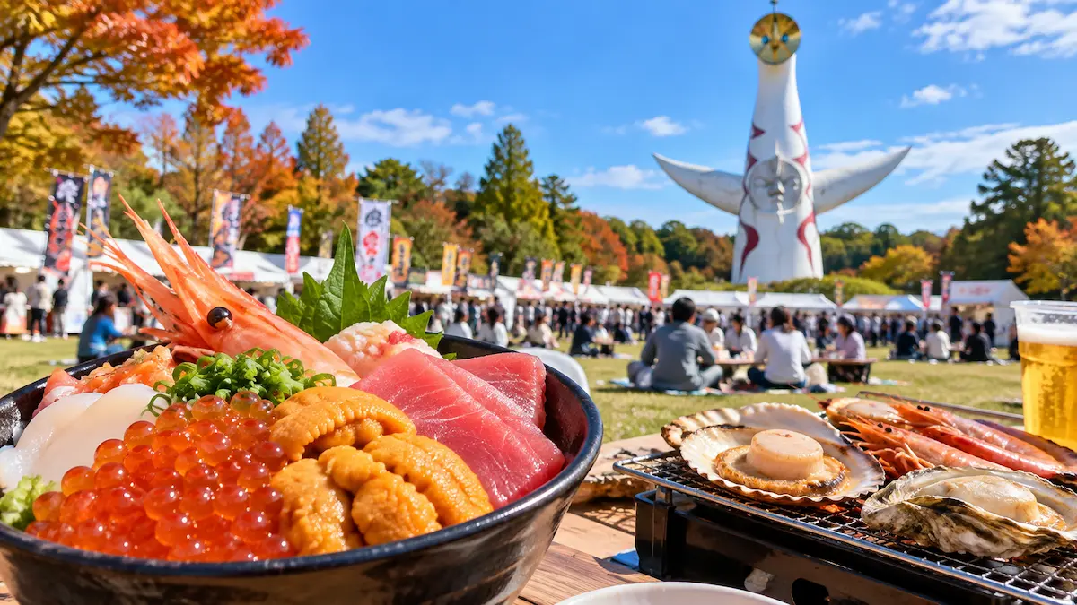 秋晴れの万博記念公園で太陽の塔を背景に海鮮丼や魚介料理を楽しむ魚ジャパンフェス