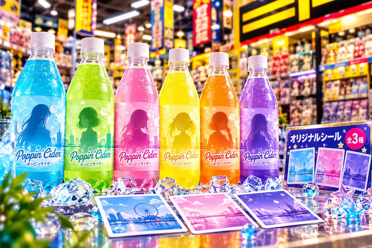 青・緑・ピンクなど6色のポッピンサイダーとオリジナルシールが並ぶ限定商品売り場