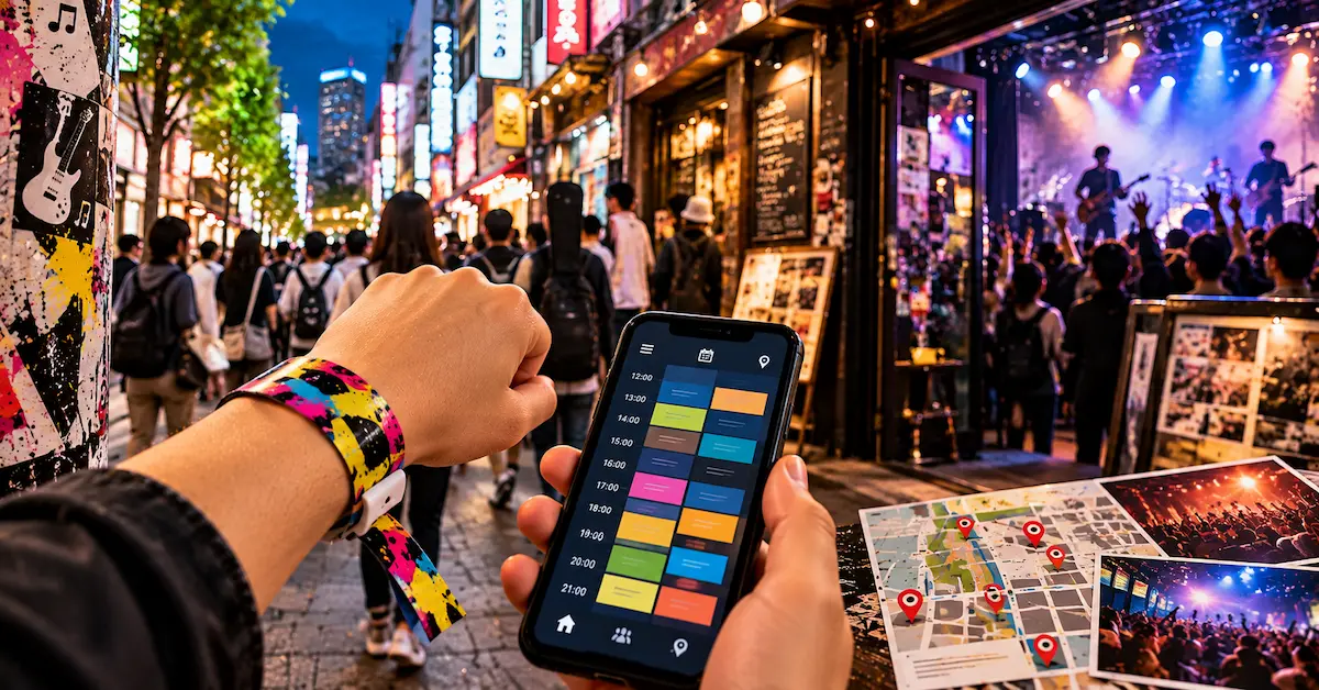 リストバンドとスマホのタイムテーブルを手に、心斎橋のライブ会場を巡るフェスの風景