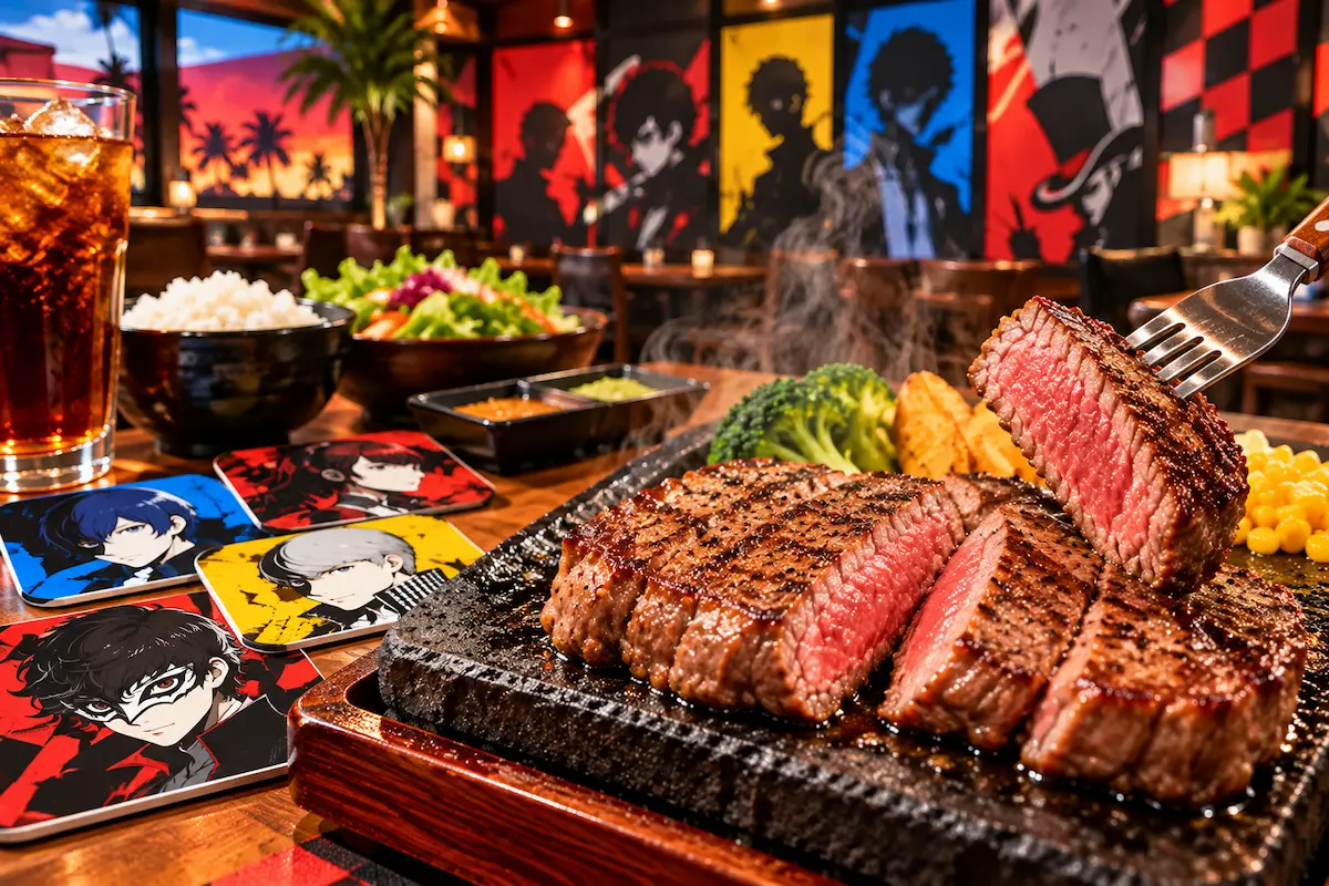 熱々の溶岩プレートに盛られたステーキと、ペルソナ30周年コラボをイメージしたカラフルなコースター